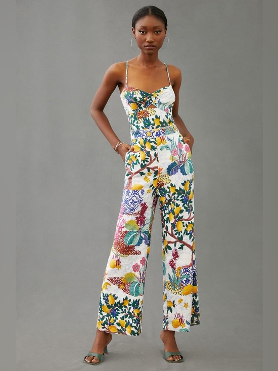 Anthropologie Pants - Maeve Anthropologie Botanical Lemon Print Cutout Wide Leg Jumpsuit 6 Maximalist